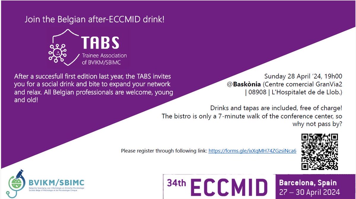 Coming to @ECCMID ? Do you want to socialize with your Belgian colleagues? Join us at the after-ECCMID drink Sunday 28/4 7pm at Baskonia: 7’ walking from the conference! All Belgian professionals are invited, free of charge, registration by Monday 22/4: forms.gle/ixXqMH74ZGzsiN…