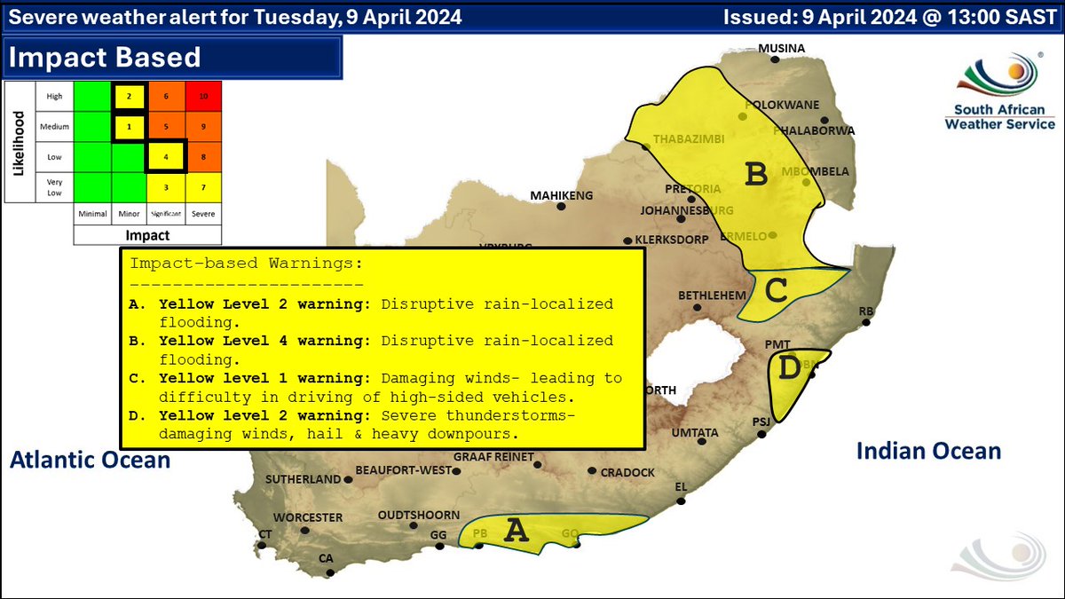 ⛈️Weather and severe weather alerts for today, 9 April 2024. #saws #weatheroutlook #southafricanweather #weatherupdate