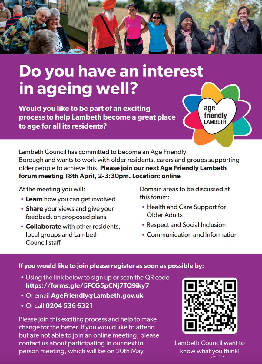 Are you a senior Lambeth resident with an interest in ageing well? 👉Collaborate with other people, groups and Lambeth Council to make the borough a positive place to age. 👉Register for the online meeting on 18th April, 2-2.30 pm docs.google.com/forms/d/e/1FAI…