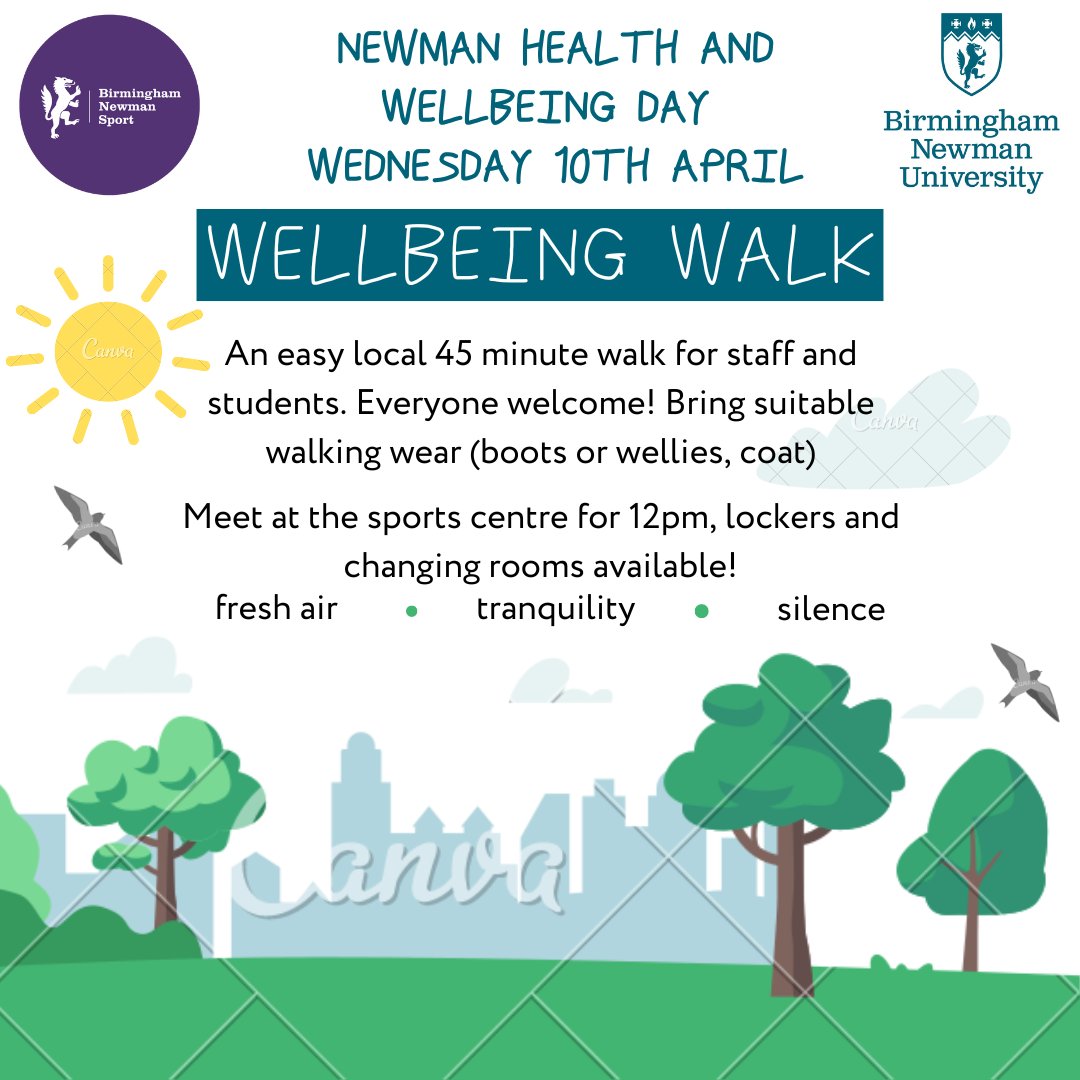 Wellbeing day part one of three!

We are leading our Wellbeing walk tomorrow for the <a href="/Newman_Uni/">Birmingham Newman University</a> Health and Wellbeing day.

Meet us at the Sports Centre for a 12pm start, where we have lockers and changing rooms available if you want to change footwear/clothing