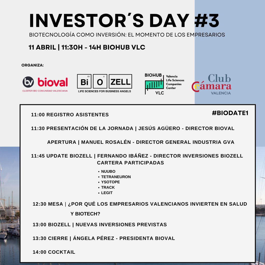 🆕 El vehículo de inversión BIOZELL VENTURES junto a <a href="/BIOVAL_es/">BIOVAL</a>, @BiohubVLC y Cámara de Comercio organizan este nuevo INVESTOR’S DAY, que se celebrará el próximo 11 de abril a las 11:00h en las instalaciones de @BiohubVLC.

📌 Inscripciones en docs.google.com/forms/d/e/1FAI…