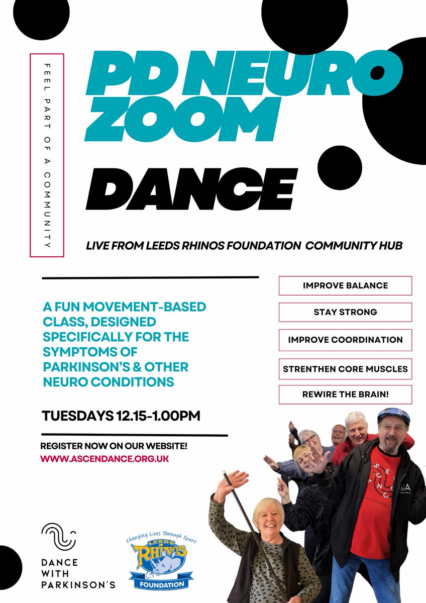 New PD NEURO ZOOM DANCE Tuesdays 12.15 - 1.00pm A FREE fun movement-based class, designed specifically for the symptoms of #Parkinsons & other neuro conditions. Register here ascendance.org.uk/register/ Live broadcast from @RugbyLeeds #Dance #Community #ZoomClass