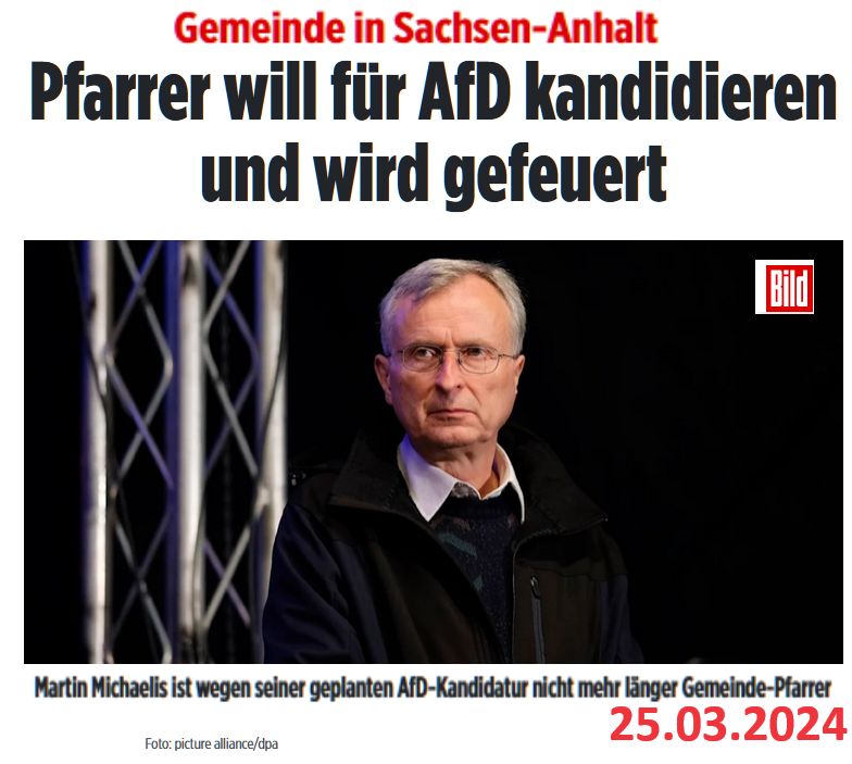 RHIB28's tweet photo. Meinung und Fakten -
"Sie sind ja ein richtiger Lump, Sie....!"
#Rechtsbeugung #RichtigErinnern 
#Seelsorge unter Gesinnungsprüfung

Pfarrer #Michaelis wegen Kritik an der #Corona-Politik freigestellt, wegen #AfD-Kandidatur gefeuert #Quedlingburg [1]

Fakt: Die alimentierten⛪️✝️STAATSKIRCHEN sind voll und ganz auf REGIERUNGSLINIE!
Mit ihren "sozialen" Organisationen wie Caritas & Co. sind sie fester Bestandteil des unseligen, korrupten wie indoktrinierenden🇩🇪Korporatismus und betonhart verwoben mit der Gesellschaft.

Denn diese Kirchen nehmen Aufgaben des Staates wahr, nicht nur ihre eigentliche Seelsorge in ihren Gotteshäusern, sondern auch Medizinische Betreuung (Krankenhäuser, Hospize, Schulen, Kindergärten, als sozialer Träger für Kulturelles und Soziales, "Beratung" von Schwangeren usw.)

⚠️✝️D.h. das "Seelenwerk" der Staatskirchen ist Bestandteil der staatlichen Indoktrination!

⚠️✝️Heimliche Seelsorge in Zeiten von #Corona & #Lockdown
Vor Monaten las ich einen Bericht eines Pfarrers, als er in Corona-Lockdown-Zeiten wie ein Dieb sich heimlich mit seinen gläubigen Mitgliedern in deren Wohnungen traf, um "rechtswidrig" und strafbewehrt die Messe zu lesen, schlicht als Seelsorger für seine Gemeinde da zu sein. Und, dass es nur wenige Pfarrer waren, die sich das getrauten, inkognito über Land zu fahren, um entfernte Gemeinden zu besuchen.
Diese mutigen, damals gesetzwidrig handelnden Pfarrer fanden KEIN Gehör bei ihren Bischöfen und Vorgesetzen, im Gegenteil.
Wer diesen Artikel noch hat, BITTE verlinken. Danke!

---------

[1] Pfarrer gegen die Amtskirchen - #Coronakritik
>>PFARRER MICHAELIS IN #QUEDLINBURG
Amtliches evangelisches Mobbing wegen Kritik an Corona-Politik
https://t.co/xfjnk8qQJ0

>> Pfarrer Michaelis "freigestellt" wegen "falscher" Gesinnung (und Kandidatur für die #AfD in #Sonneburg)
https://t.co/SiARavw67v

>>PFARRER Pfarrer Jakob Tscharntke in in Riedlingen (Baden-Württemberg)
Kapitulation der Amtskirchen: Ein Mut-Pfarrer gegen den #GreatReset
https://t.co/hMYPATfxlj