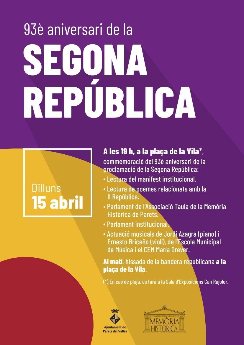 🔴🟡🟣 93è ANIVERSARI DE LA II REPÚBLICA Com cada any, commemorem la proclamació de la República a #Parets del Vallès. 🗓️ Avui a les 19h 📍 plaça de la Vila