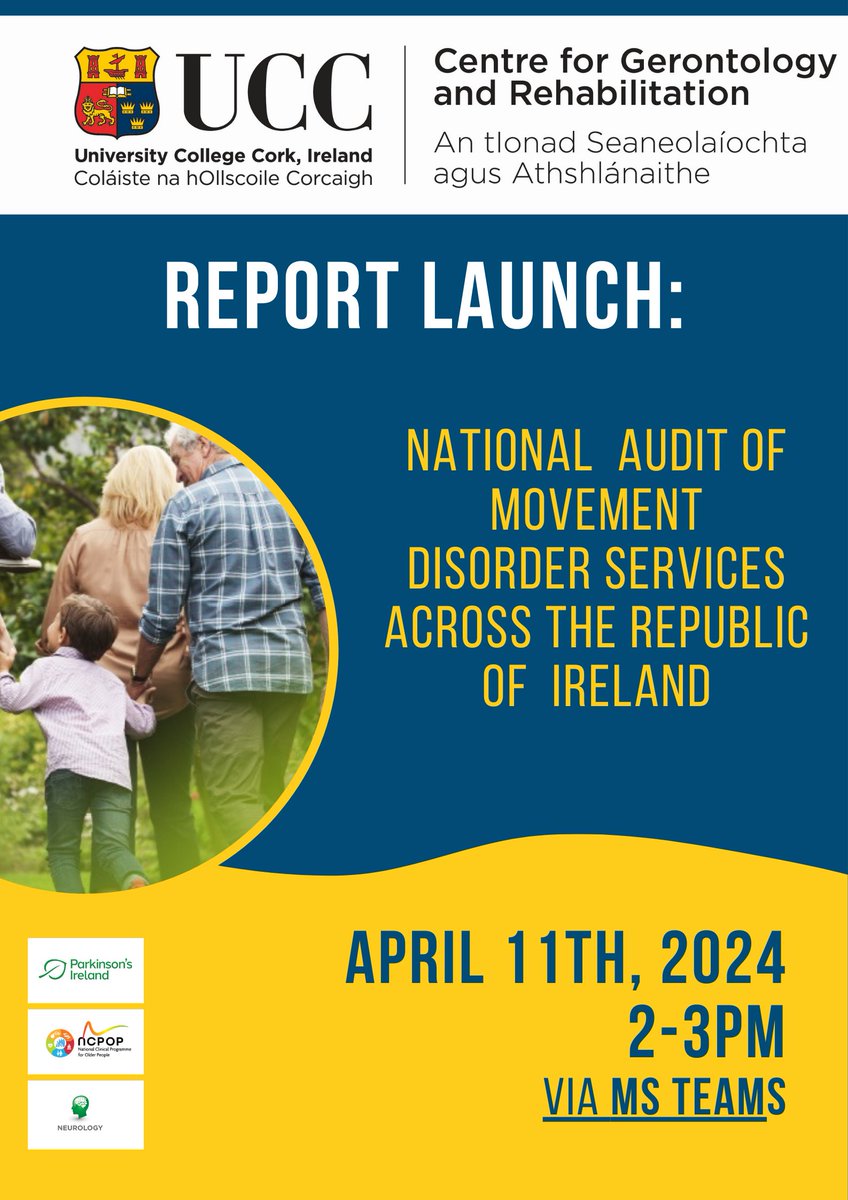 Thursday April 11th is #WorldParkinonsonsDay and to mark it we are launching the findings of a new report detailing a national audit of #PD care in specialist clinics across Ireland. Time: 2-3pm via Teams. Anyone with a stake/interest in #PD care is welcome. @ParkinsonsIre