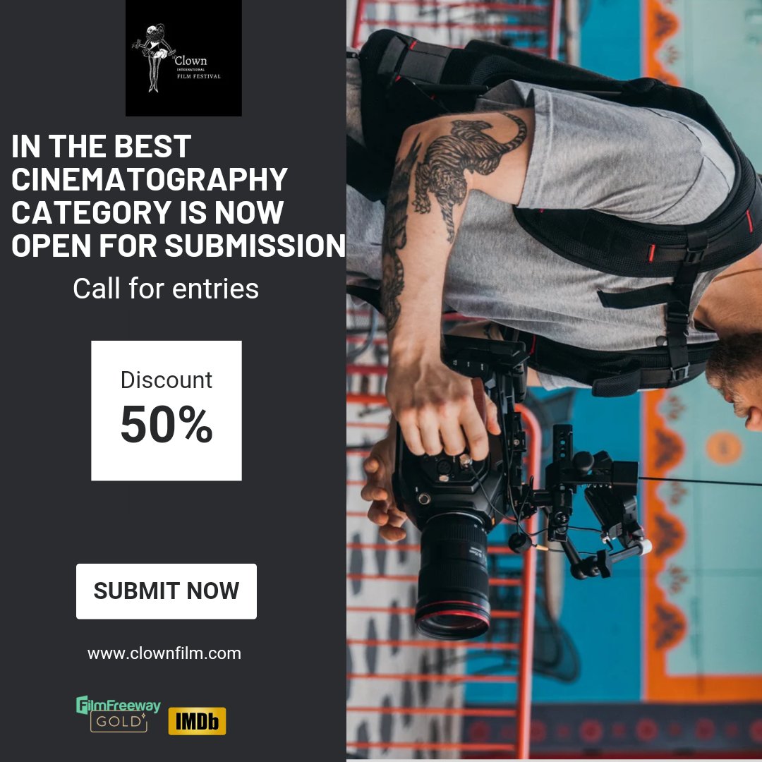 The submission for the Best Cinematography category is now open. Discount code: CLOWN50 Submit your project via filmfrreeway #project #imdb #filmfreeway #submission #filmfestival #cinematography #director #Producer