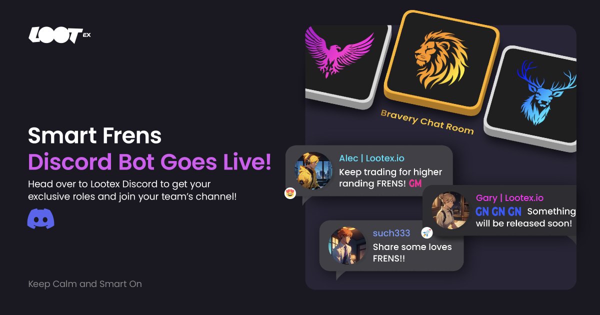 【 Smart Frens Discord Bot Goes Live 🔥】 #SmartFrens holders can now authenticate on Lootex Discord! Go to claim your role and join your team's exclusive channel More exclusive SF community events and giveaways await your participation 🎁 ⚠️Note: To claim the SF role, you…