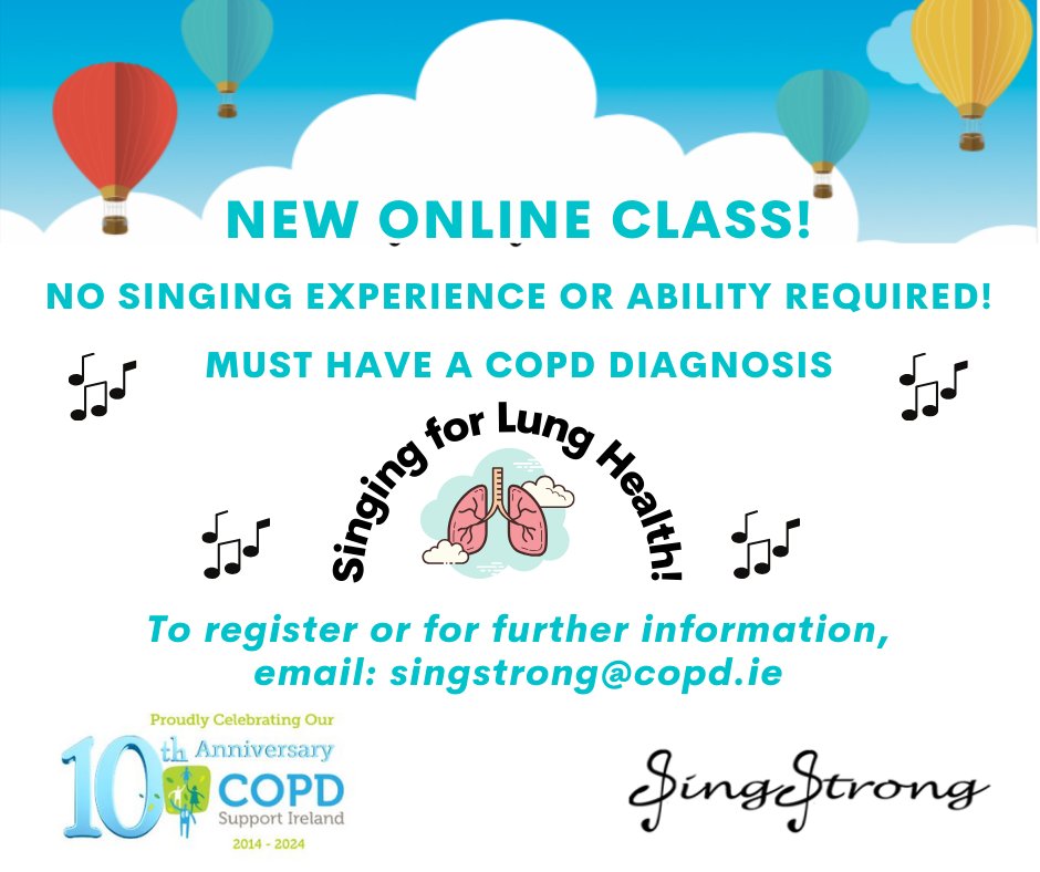 REMINDER! COPD Support Ireland is delighted to offer a new online <a href="/SingStrongIre/">SingStrong Ireland</a> beginners class to any of our members! This is a free 12 week programme which we hope to commence on Friday 12th April at 10am, subject to numbers. 
To register, contact SingStrong@copd.ie.