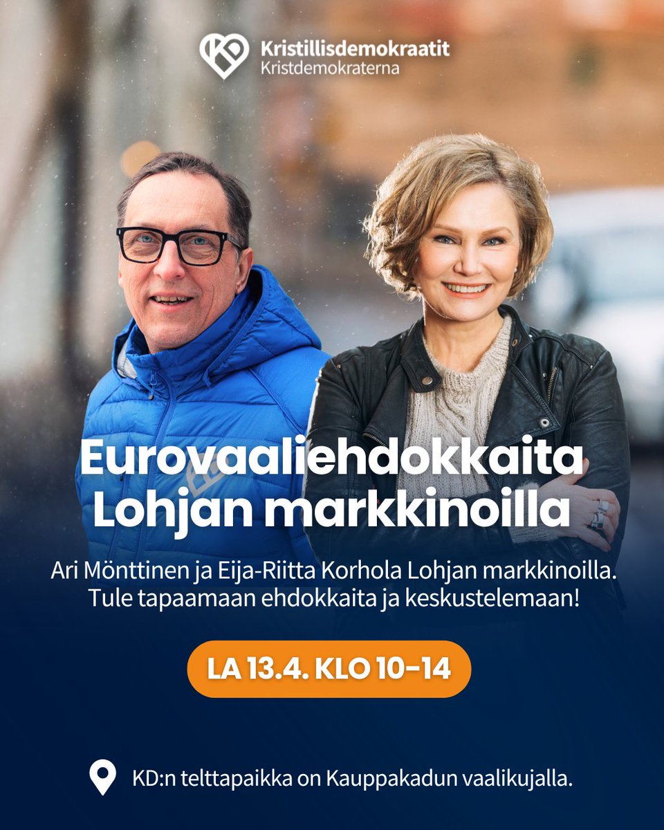 KD:n EU-vaaliehdokkaat Eija-Riitta Korholan ja Ari Mönttisen voit löytää Lohjan markkinoilta lauantaina 13.4. Ari on paikalla kello 10-14 ja Eija-Riitta 11-13. KD:n teltta on Kauppakadulla (torilta Prismaan päin). Paikalla on myös Lohjan KD:n vastuunkantajia, kuten meikäläinen,…