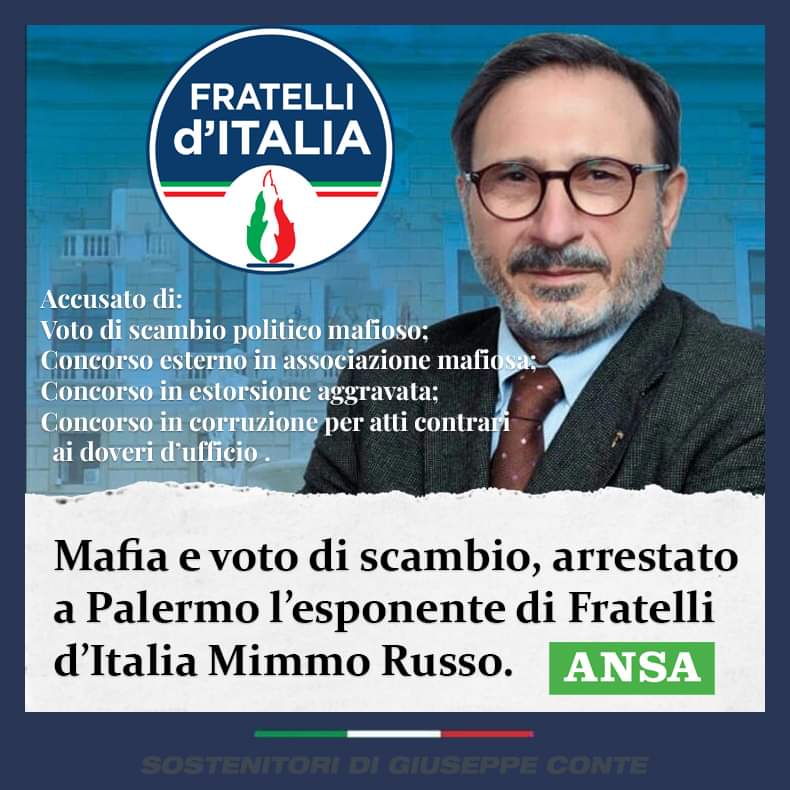 sicuramente Piantedosi ha già mandato i commissari a Palermo e il Tg1 aprirà con la notizia di Mimmo Russo il consigliere ARRESTATO per associazione MAFIOSA e voto di scambio... ah no, è di Fratelli d'Italia e a Palermo e in regione governa il centrodestra! #MimmoRusso #9aprile