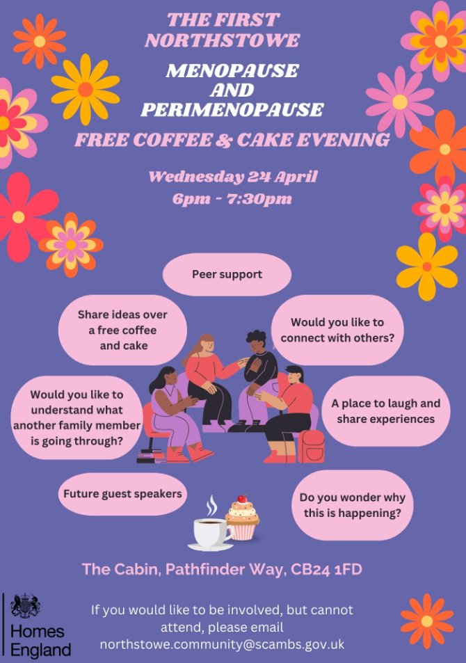 The first Northstowe Menopause meeting will be taking place at The Cabin on Wednesday 24 April at 6pm. Please come along.