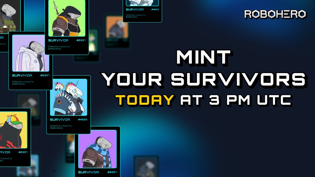GM ROBO FAM! 🤖

Today at 3 PM UTC (5 PM CEST), you'll become one of the #Survivors 🪂

Check now if you'll receive the NFT Survivors - robohero.io/checkwhitelist 🛡️

Follow these simple steps:
1️⃣ Join marketplace.robohero.io at 3 PM UTC.
2️⃣ Connect your wallet.
3️⃣ Go to MINT and