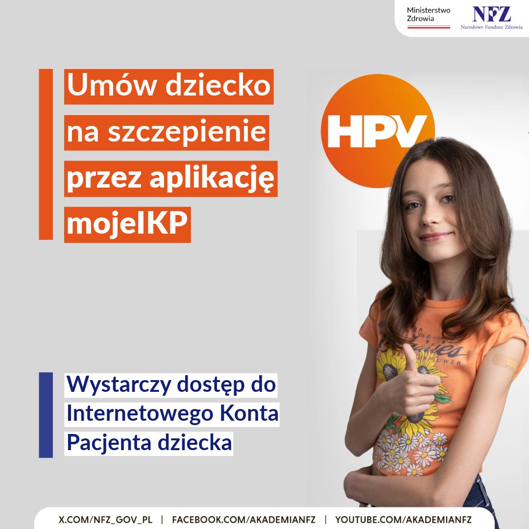🆕 Nowość w aplikacji #mojeIKP 🧡 Teraz umówisz dziecko na szczepienie przeciw #HPV, które chroni przed rakiem. ➡️ Sprawdź w aplikacji zakładkę #Profilaktyka, a następnie #Szczepienia. 🆓 Szczepienia są bezpłatne dla dzieci w wieku 11-14 lat. WIĘCEJ ⤵️ pacjent.gov.pl/aktualnosc/zas…