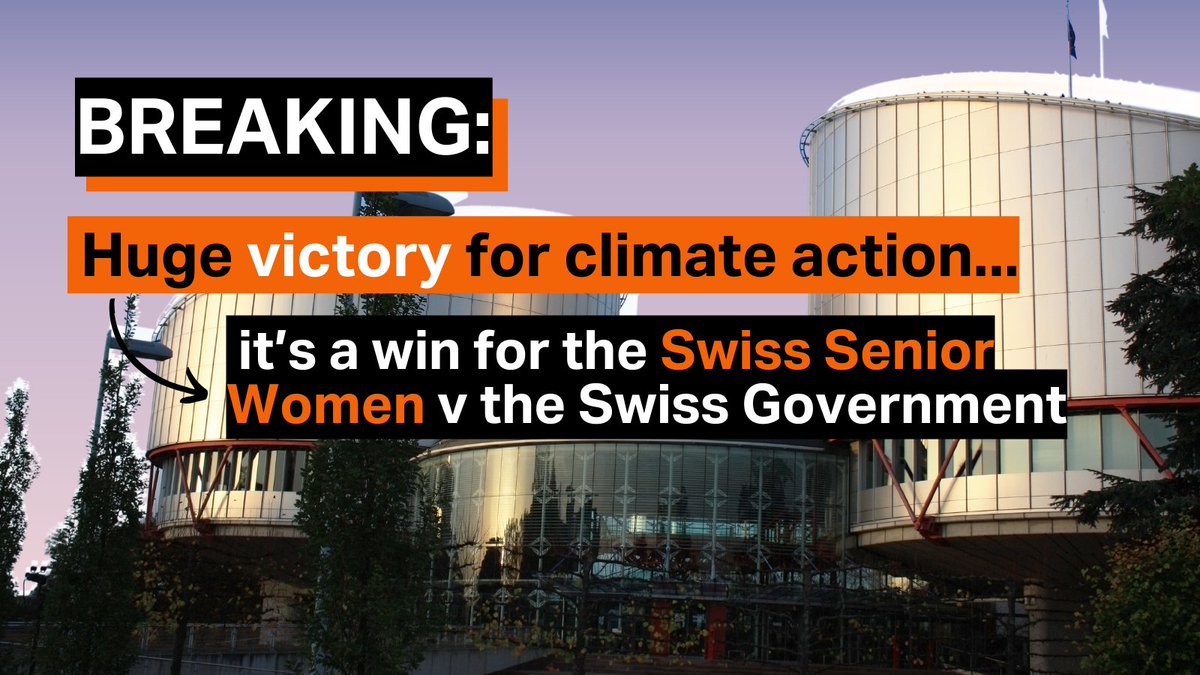 The @ECHR_CEDH has today ruled in favour of @KlimaSeniorin in their case against the Swiss government, which argued that their human rights were being violated through the government’s inaction on climate change. A huge win for these inspirational claimants. 🧵