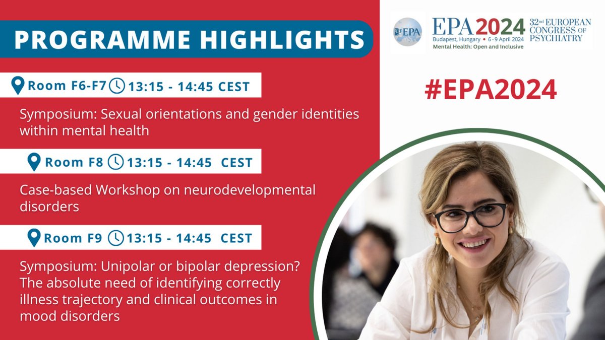 📣 Last call for sessions at 13:15! Room F6-F7: Sexual orientation and gender identity in mental health, room F8: Case-based Workshop on neurodevelopmental disorders and room F9: Unipolar or bipolar disorder? Share your #EPA2024 experience with us! #MentalHealth #Psychiatry