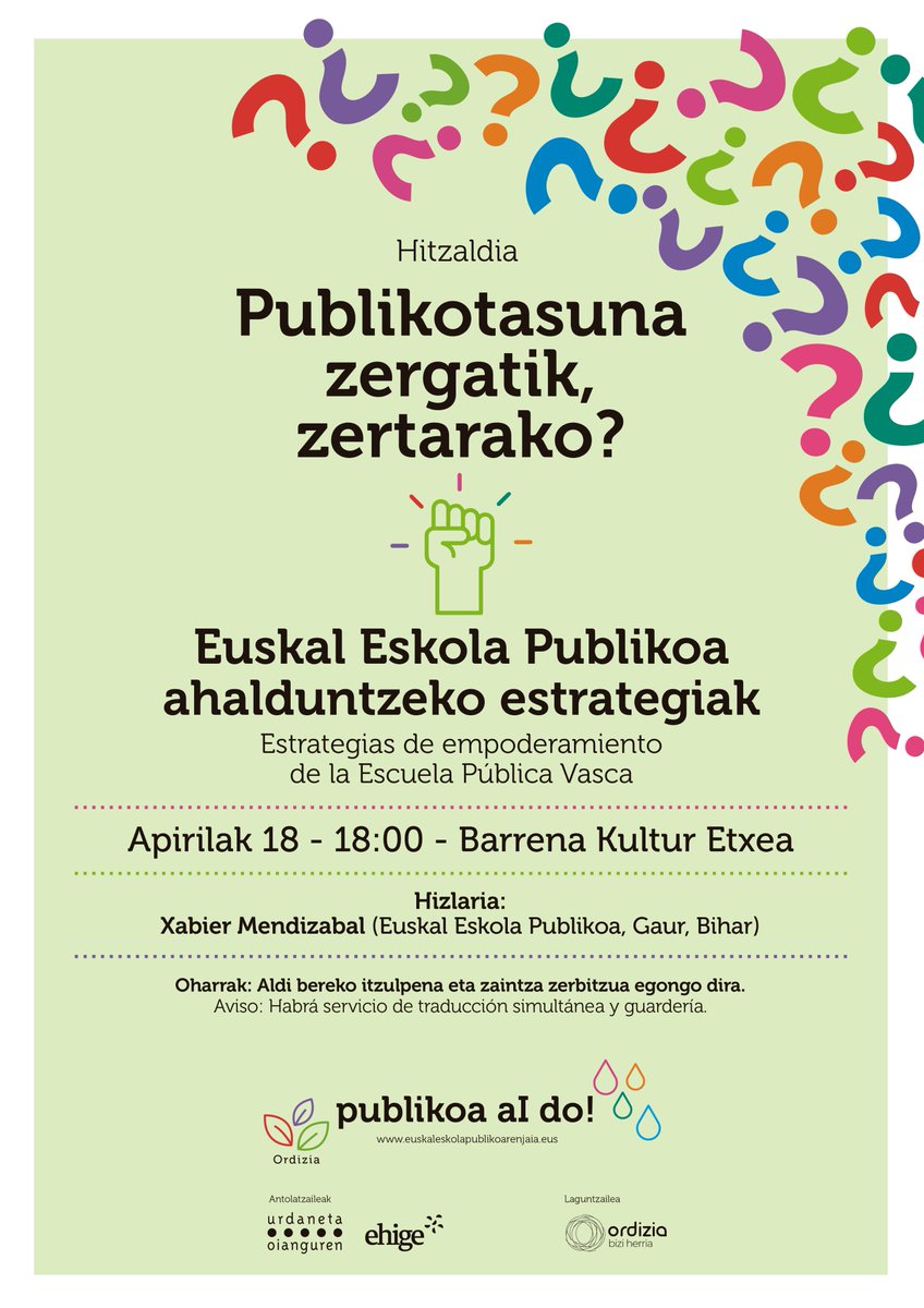 🟢Bizi dugun hezkuntzaren pribatizazioaren blindajearen testuinguruan, Mendizabalek honaino nola iritsi garen aztertuko du eta Euskal Eskola Publikoaren etorkizunari buruzko hausnarketa estrategikoa egingo du.

ehige.eus/eu/publikotasu…

#euskaleskolapublikoarenjaia #publikoaaido