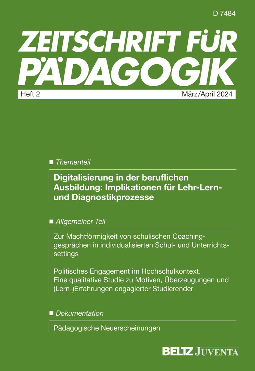 Der Thementeil in Heft 2 beschäftigt sich mit Digitalisierung in der beruflichen (Aus-)Bildung. Außerdem warten in diesem Heft 4 Buchbesprechungen und 2 Beiträge im Allgemeinen Teil! Hier entlang zum Heft: kurzelinks.de/7alg

#Digitalisierung #Erziehungswissenschaft #Bildung