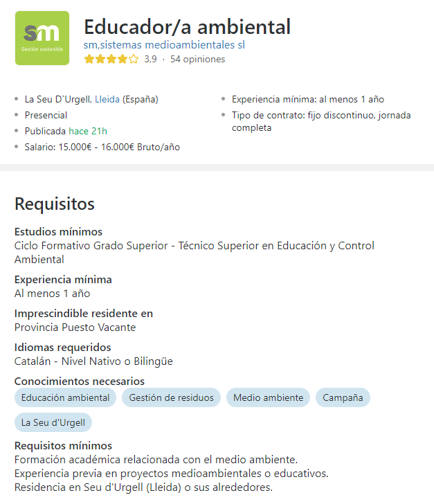 ✅ES BUSCA 10 EDUCADORS/ES AMBIENTALS
Més informació:
infojobs.net/la-seu-d-urgel…