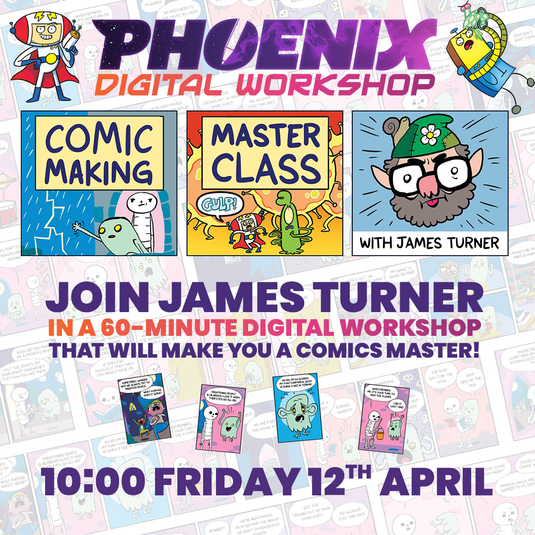 Crumbs! I'll be doing a digital comic making masterclass for kids this friday! Come and join me as I draw silly things and talk about jokes, and hopefully teach you how to make a funny four panel comic along the way! thephoenixcomic.co.uk/event/?event_i…