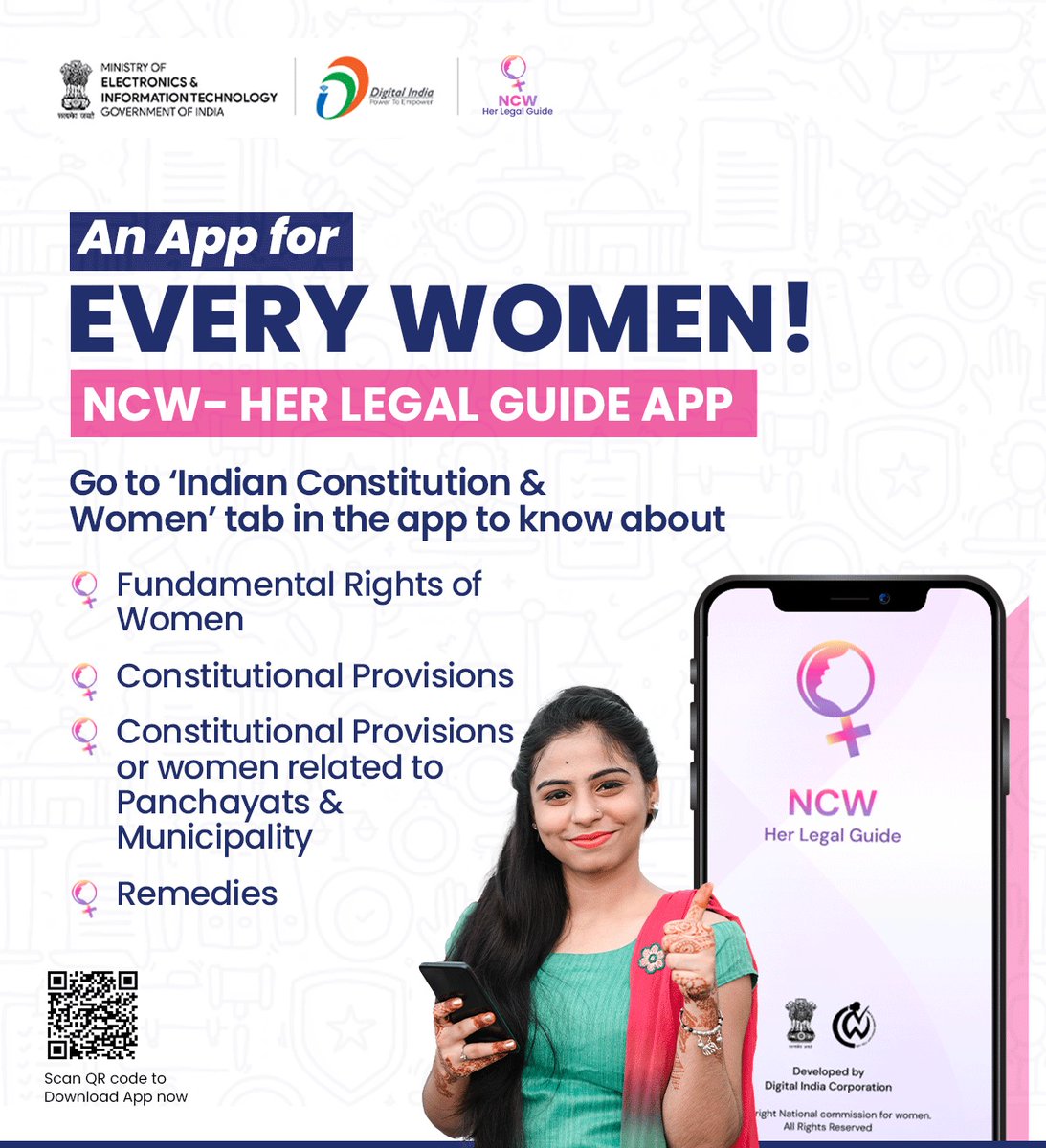 The ‘NCW- Her Legal Guide’ App focuses on various rights and statutes of women in India, acting as a new friend for women in difficult situations. Visit play.google.com/store/apps/det… #DigitalIndia #WomenEmpowerment @NCWIndia