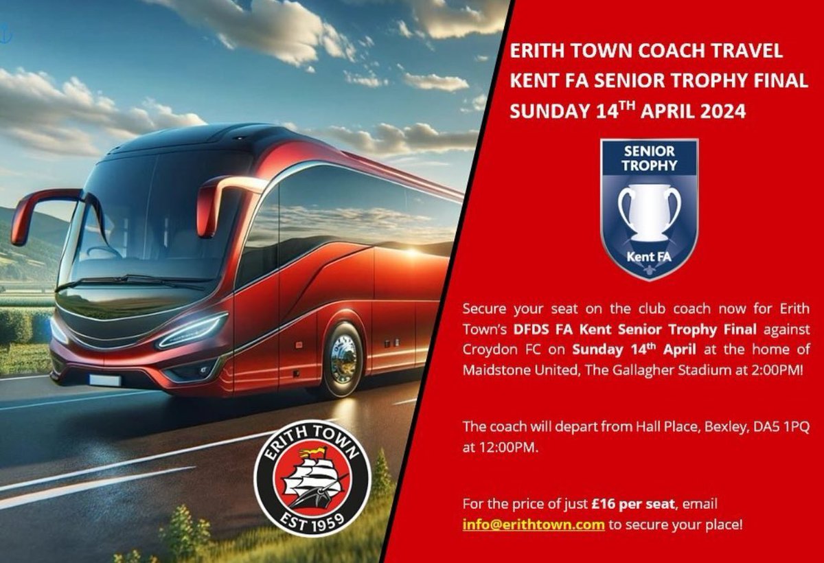 🚌 | @KentFA SENIOR TROPHY COACH There are still seats available for the coach trip to the @KentFA #SeniorTrophy game with @Croydon_FC this Sunday. For the fantastic price of just £1️⃣6️⃣, book yourself to travel to the #SeniorTrophy game in style! #WeAreDockers