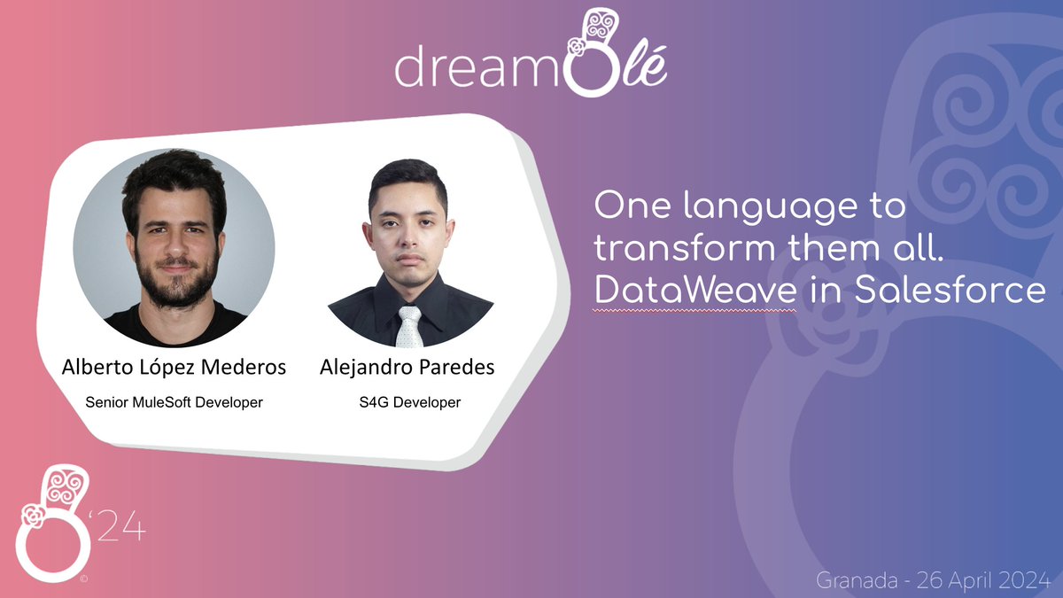 ✨ We continue to introduce our speakers for the 26th of April in #dreamOlé24✨ We would like to welcome Alberto López & Alejandro Paredes. Don't miss their session. #GRANADA #SPAIN. More info here: lnkd.in/d_s92RyQ #TrailblazerCommunity #Mulesoft #SalesforceOhana #SFDev