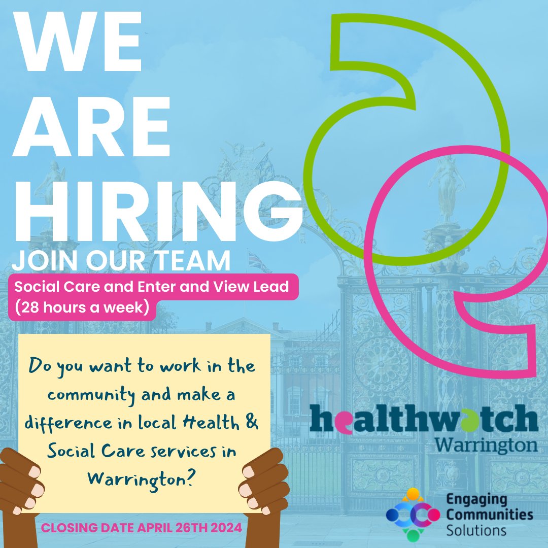 Healthwatch Warrington are hiring! Our small, friendly team are looking for a Social Care & Enter & View Lead. For more information, see here ⬇️ healthwatchwarrington.co.uk/news/2024-04-0… #Warrington #WarringtonJobs