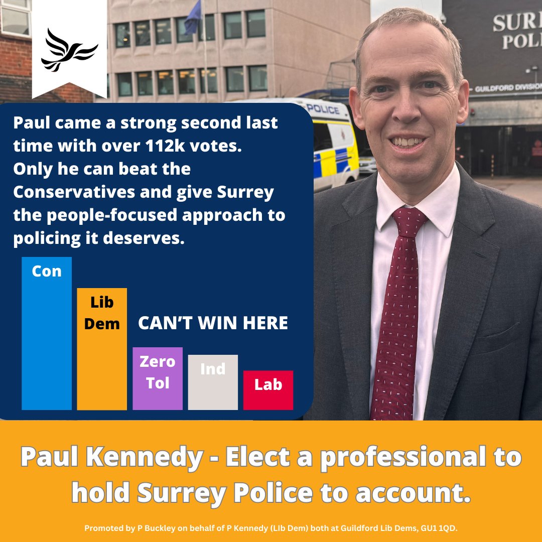 When the Police and Crime Commissioner election last took place in 2021, Lib Dem @PaulKenLD was the clear challenger to the Conservatives. This time the choice is clear - five more years of letdown with the Conservatives or hard-working Paul.