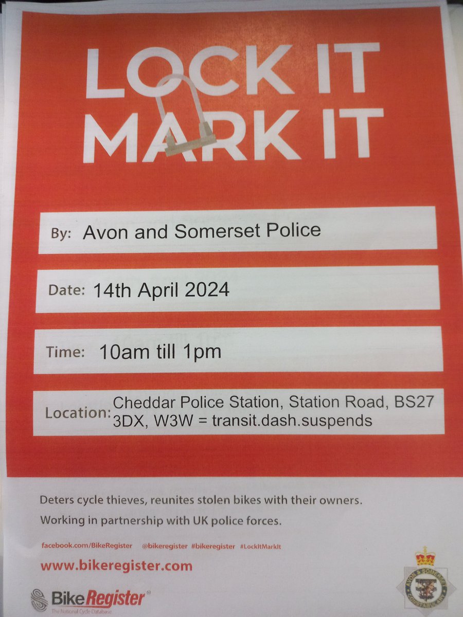 .<a href="/ASPSedgemoor/">ASPolice Sedgemoor</a> will be holding a bike marking event at Cheddar Police Station on the 14th April 2024 between 10:00 - 13:00🚲
