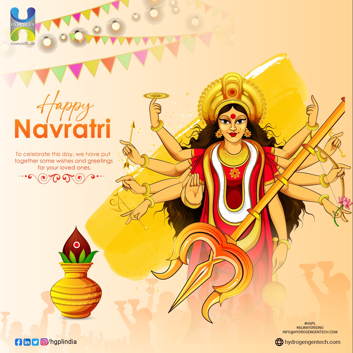 🌟Wishing everyone a joyous Navratri filled with happiness, prosperity, and endless energy! 🙏✨ This Navratri, let's pledge to empower our planet with clean, green energy solutions. Together, let's light up the world with the brilliance of hydrogen! 🎉 #Navratri #HGPL 🌿🌈