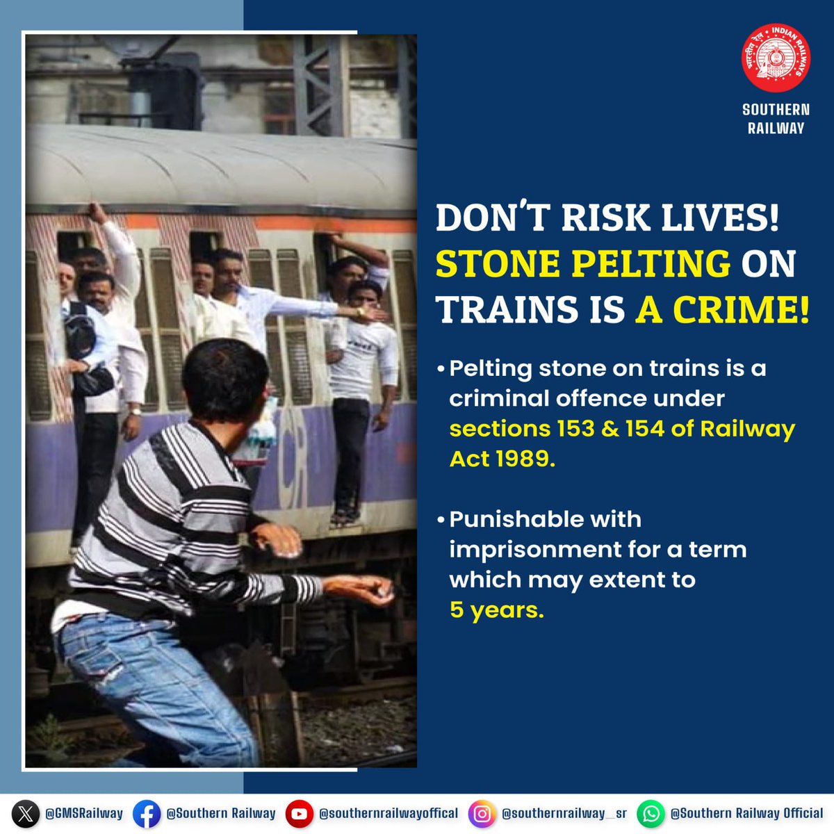 Throwing stones at trains is a serious criminal offense, punishable by up to five years in prison according to section 153. Let's prioritize passenger safety and maintain the integrity of railway operations. #RailwaySafety #ZeroTolerance #SouthernRailway