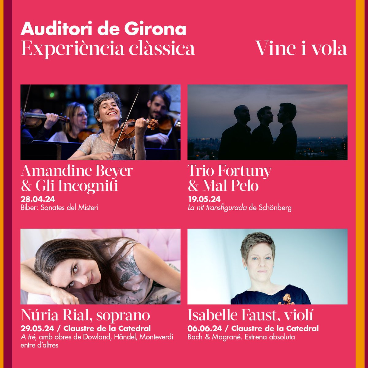 T'agradaria viure una experiència clàssica a l'Auditori de Girona? Vine i vola!✨Durant els pròxims mesos, podràs gaudir de les propostes d'Amandine Beyer & Gli Incogniti, Trio Fortuny & Mal Pelo, Núria Rial i Isabelle Faust! 🎟 Tota la programació a auditorigirona.org