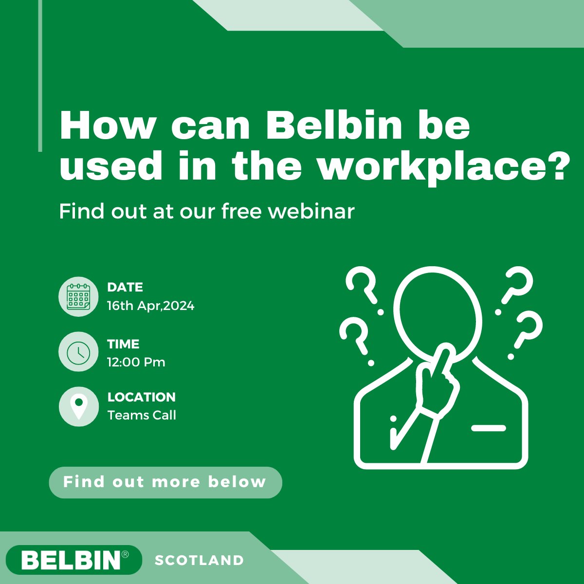 Want to build a better team?

Belbin reports can be used to improve;

Recruitment
Teamwork
Delegation 
Leadership
Communication

And much more!  

Join our free webinar - Tues, April 16th @ 12 - 12.45pm
bit.ly/FreeBelbinWebi… 

#Recruitment #TeamCollaboration #Webinar #Belbin