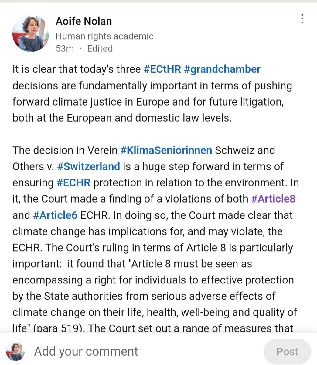 For initial thoughts on the @ECHR_CEDH #climatechange decisions delivered today, see @UoNHRLC @UoN_Law @commentator01 on Linkedin: linkedin.com/feed/update/ur… #climatejustice @UoN_Institute @UoNPressOffice