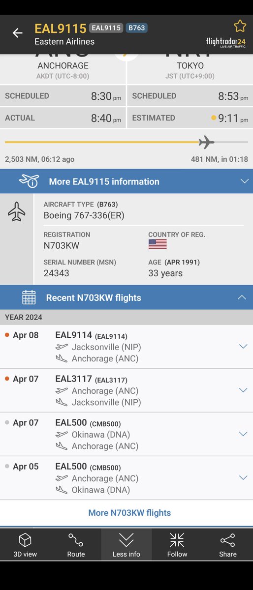 Eastern Airlines
EAL9115
from ANC to NRT
B767-300ER N703KW