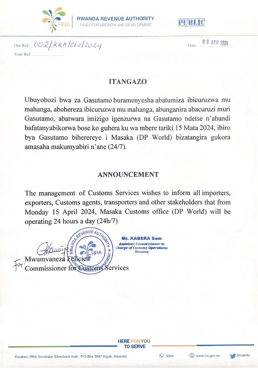 Itangazo rigenewe abohereza ibicuruzwa mu mahanga, abunganira abacuruzi muri Gasutamo, abatwara imizigo igenzurwa na Gasutamo ndetse n'abandi bafatanyabikorwa. ----- Announcement to all importers, exporters, customs agents, transporters, and other stakeholders.