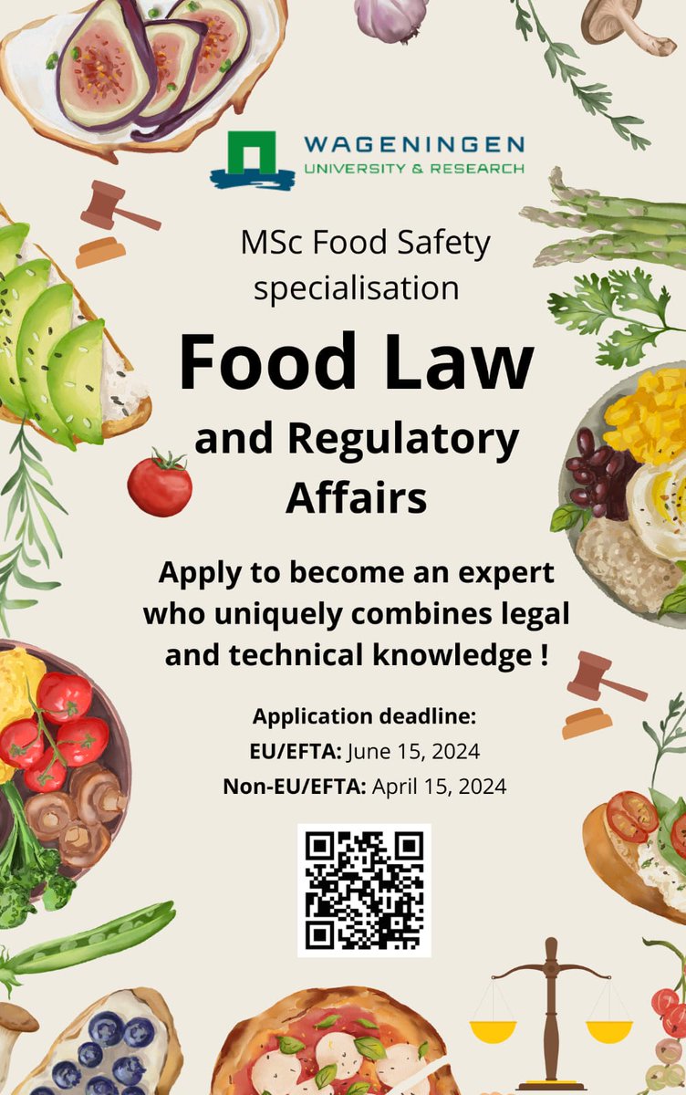 🌱 Transform your passion into expertise and become a leader in ensuring our food is safe and compliant! 🌟🌟 Register now for our Food Law & Regulatory Affairs Specialization (MSc in Food Safety)📚🔍 👉 Learn more & apply: tinyurl.com/WURFoodLaw