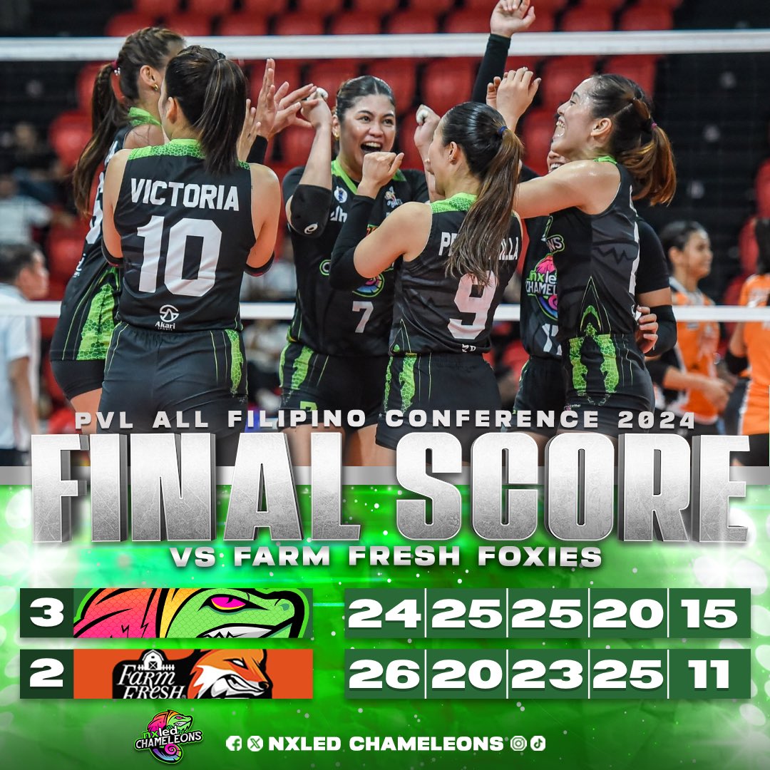 NXLED NATION MAG-INGAY! 🦎💚 The Nxled Chameleons win two in a row as they outlast the Farm Fresh Foxies in five sets. You wanted it bad, so you got rewarded. Congratulations, ladies! ✨ #NxledLockedIn #NxledNation #PVL2024 #TheHeartOfVolleyball 💚🦎🩶