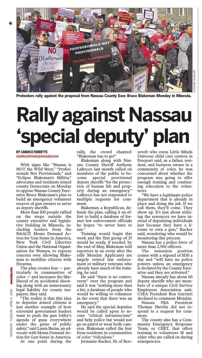 The @Newsday headline should read — Rally against Blakeman’s ‘Brown Shirt’ militia plan. 

@NassauExec Blakeman wants to raise a private army of armed MAGA’s. 

Where have we heard THAT before?

Violence is a feature of MAGA, not a bug. 

#MAGAIsAThreatToAmerica 
#MAGAIsFascism