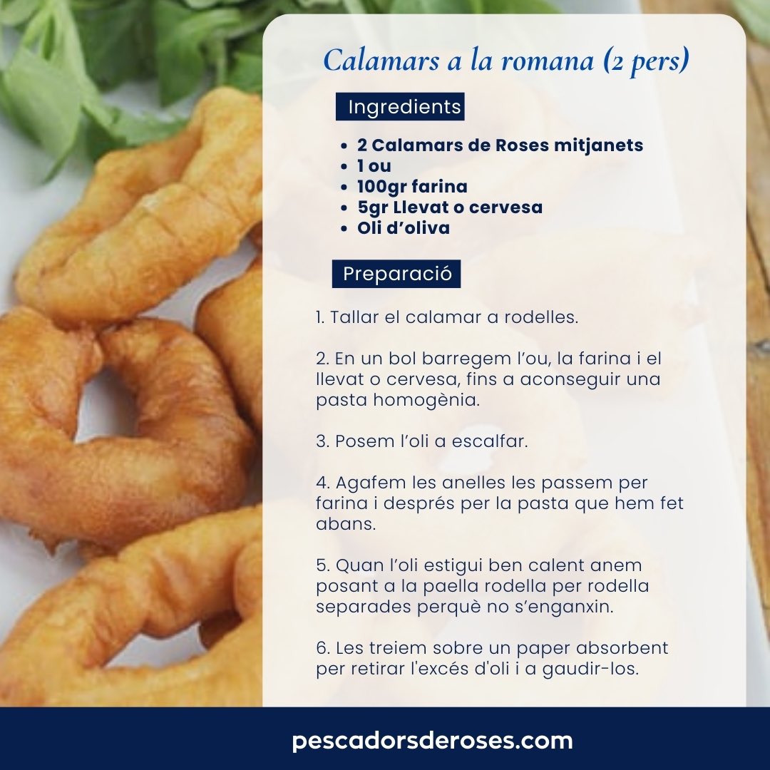 NOVA RECEPTA🍴 Calamars a la romana! 🦑 Fàcils i deliciosos. No et perdis aquesta recepta clàssica que mai falla! Perfectes per a qualsevol moment. 
Prova-ho i sorprèn a tothom!

#pescadorsderoses