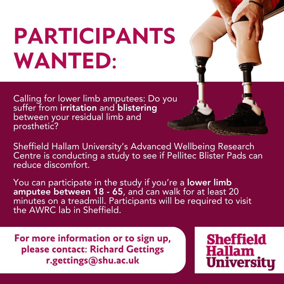 🩹 Calling lower limb amputees! @SheffHallamUni @SHU_AWRC is looking for lower limb amputees to test a novel blister pad @Pellitec. Get in touch with Richard Gettings for more information 👇 #Amputee #ResearchCall #Prosthetic #LimbLoss #LimbDifference @daparian