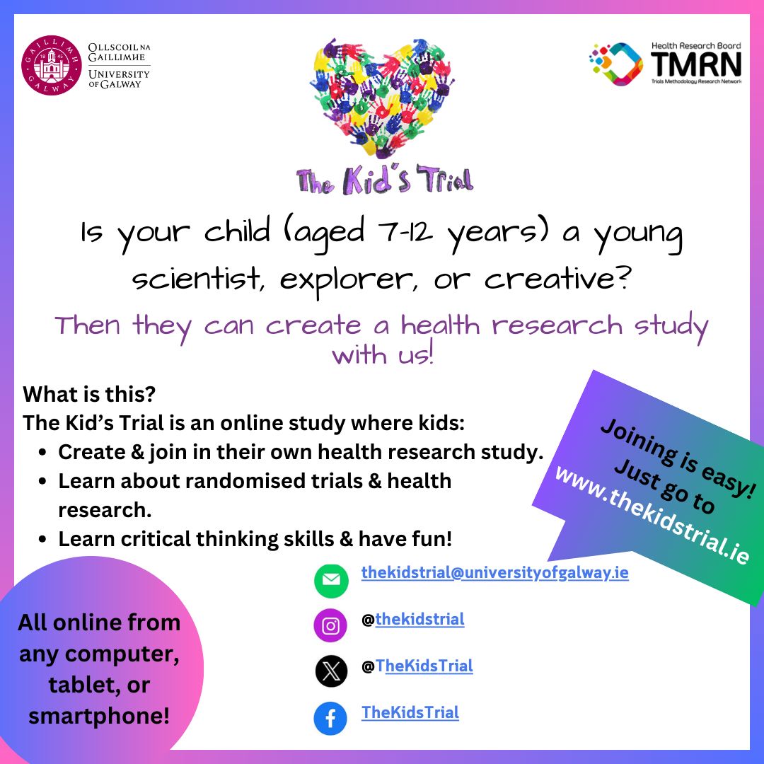 So🙏for ALL RTs! Want your child to join an innovative science🧪project? @TheKidsTrial is asking ALL kids (7-12) from around the world to send in a health question they want answered🔬 Let your kids unleash their inner #citzenscientist and #getinvolved! thekidstrial.ie