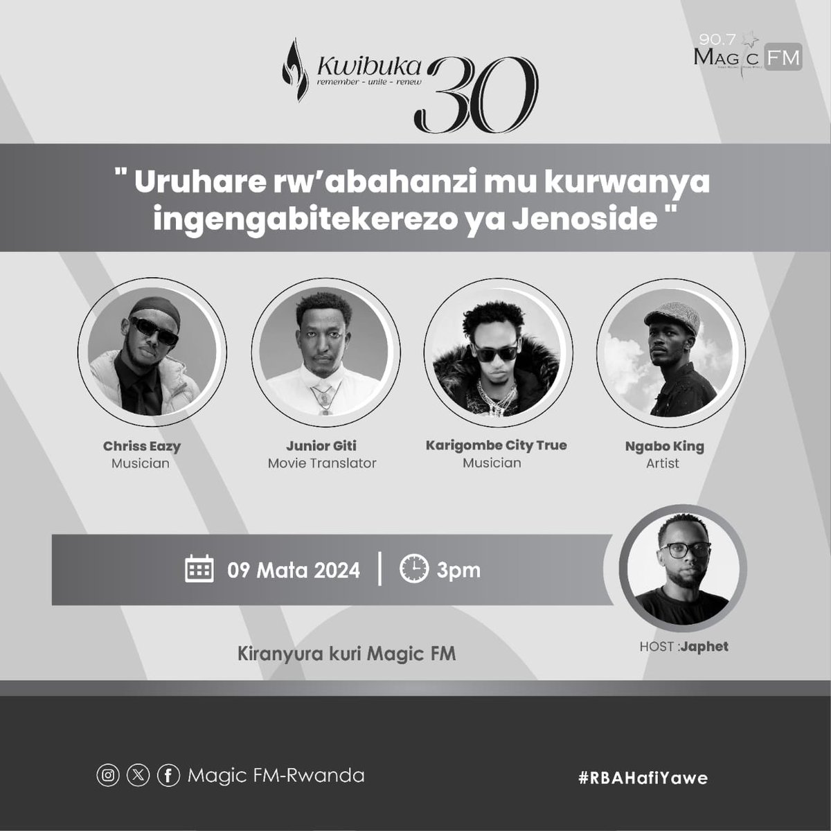 As Rwanda commemorates on the 30th time the 1994 genocide against the Tutsi , We’ll be looking at the Contribution of Artists in fighting Genocide ideology Live on @rbarwanda ’s @MagicFM_Rw from 3pm with artists @Kingabo_ @chriss_eazy @JuniorGiti1 & @siti_true #Kwibuka30