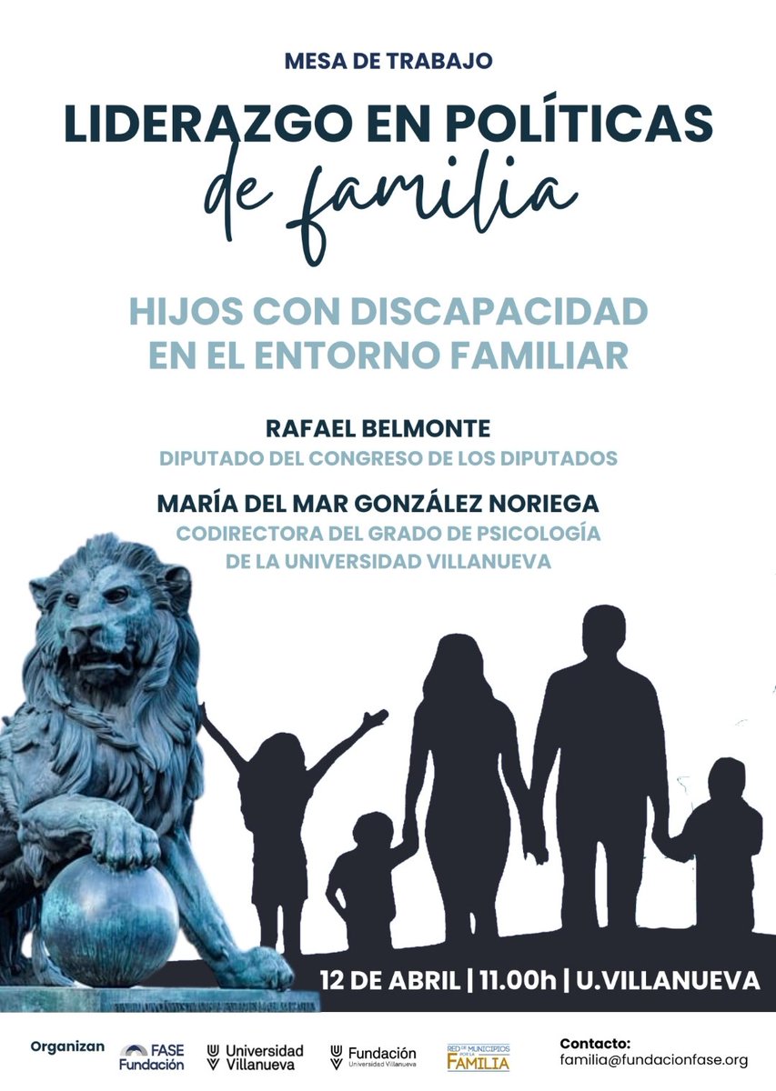 Te invitamos a una nueva sesión de "Liderazgo en Políticas de Familia", el día 12 hablaremos sobre discapacidad. <a href="/Rafael_belgom/">Rafael Belmonte Gómez</a> y María del Mar González <a href="/Univ_Villanueva/">Universidad Villanueva</a> nos darán una visión política y académica. Te esperamos!! <a href="/fase_fundacion/">FASE Fundación</a>