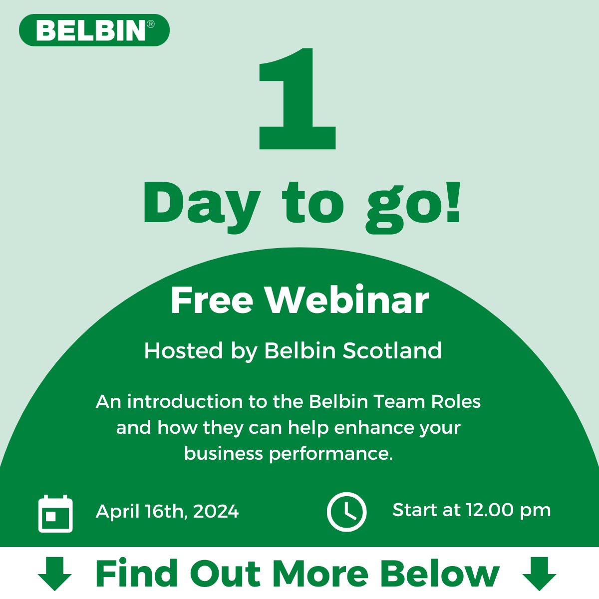 1 day to Belbin Scotland's free webinar! ⏰ 

Intro to Belbin Team Roles - enhance recruitment and selection, team working  delegation and more. 

Tues, 16 April 16 12:00-12:45 pm on Teams.

bit.ly/FreeBelbinWebi…

#FreeWebinar #Webinar #Belbin #Development