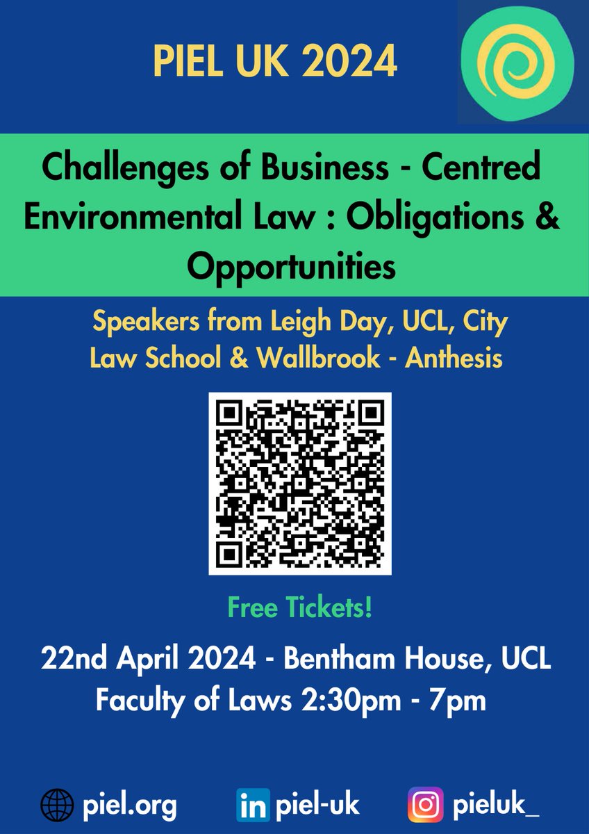 The student-led and 18th Annual Public Interest Environmental Law (PIEL) UK Conference takes place on Earth Day, 22nd April 2024, at UCL Laws. Please sign up and bring a friend or colleague, too: eventbrite.co.uk/e/18th-annual-… PIEL UK Website: pieluk.org