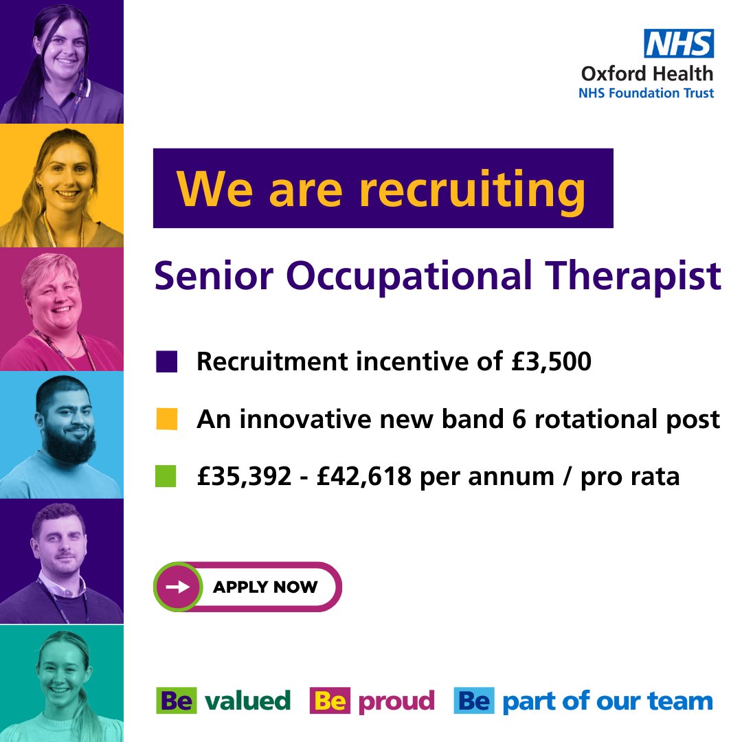 Are you an Occupational Therapist looking for a new opportunity to showcase your skill and passion for mental health recovery in an innovative rotational role? If so, apply today! 💻loom.ly/kjMhm3g #OneOHFT #WorkWithUs #AHP #Oxford #OccupationalTherapist