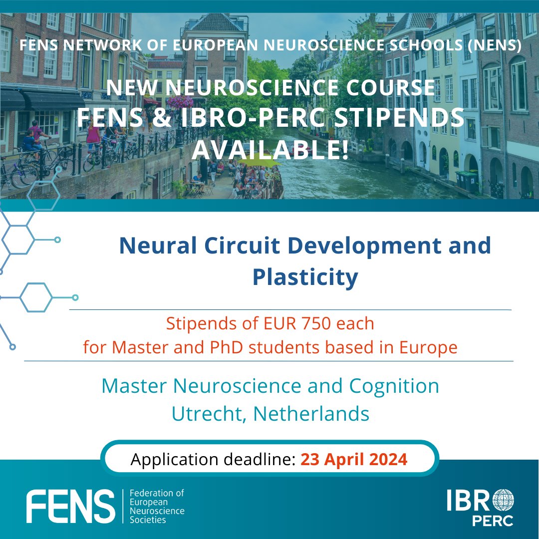 🧬 Interested in axonal and synaptic development and plasticity? Register for the next #NENSCourse organised by @UniUtrecht! 😍 Europe-based participants can apply for 750 EUR stipends offered by #FENS and IBRO-PERC. Info: loom.ly/9Vmil8Y @IBROorg