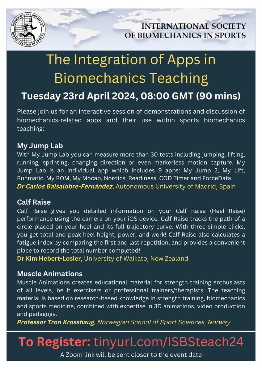 🚨 Teaching Webinar 🚨

Please join us on Tuesday 23rd April for an interactive session of demonstrations and discussion of biomechanics-related apps and their use within sports biomechanics teaching.

See address at bottom of image to register.