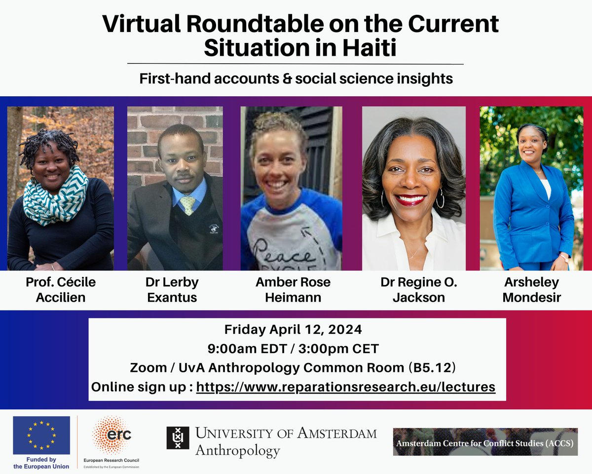 🚨This Friday (12 April) at 9.00am-10.30am EDT/ 3.00pm-4.30pm CET, together with @UVaAnthro and #ACCS, we are hosting a Virtual Roundtable on the Current Situation in Haiti. Find out more and register via our website: reparationsresearch.eu/lectures